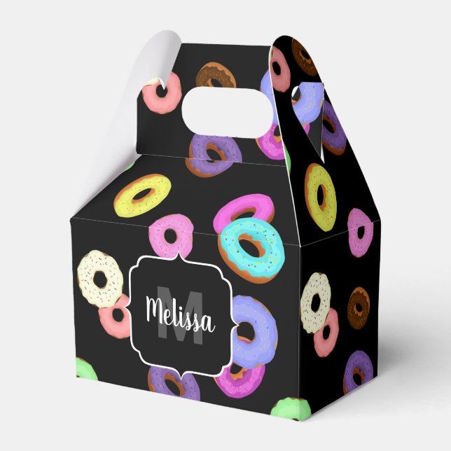 Cool fun colourful doughnuts pattern black Monogra Favor Box (Front Side)