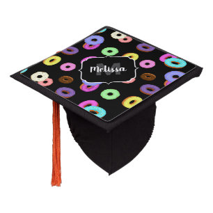 Cool fun colourful doughnuts pattern black Monogra Graduation Cap Topper