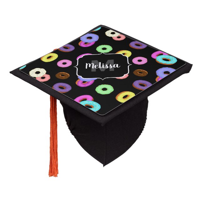 Cool fun colourful doughnuts pattern black Monogra Graduation Cap Topper (Angled)
