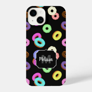 Cool fun colourful doughnuts pattern black Monogra iPhone 14 Case
