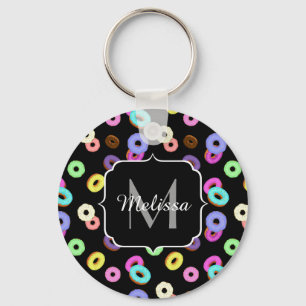 Cool fun colourful doughnuts pattern black Monogra Keychain