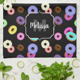 Cool fun colourful doughnuts pattern black Monogra Kitchen Towel