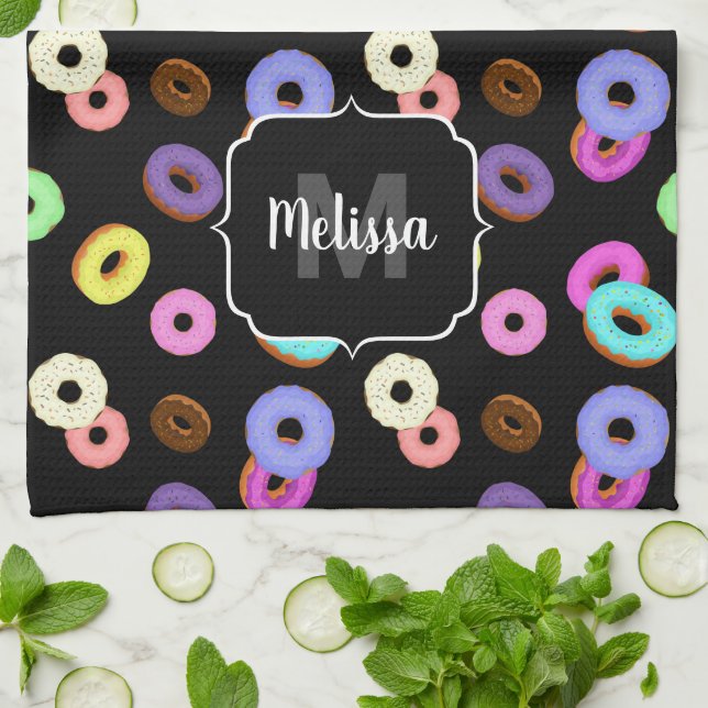 Cool fun colourful doughnuts pattern black Monogra Kitchen Towel (Folded)