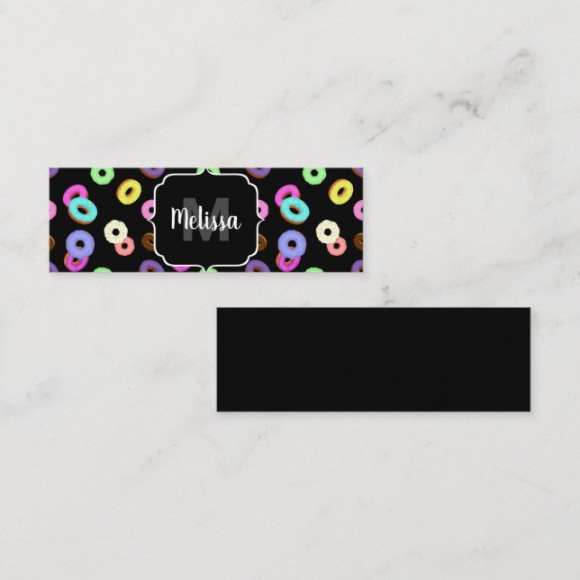 Cool fun colourful doughnuts pattern black Monogra Mini Business Card (Front/Back)