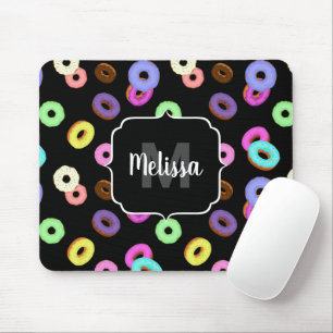 Cool fun colourful doughnuts pattern black Monogra Mouse Pad