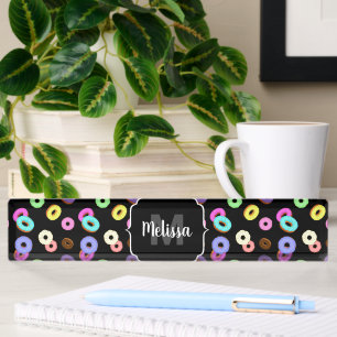 Cool fun colourful doughnuts pattern black Monogra Nameplate