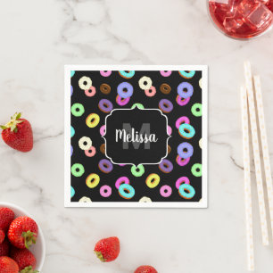 Cool fun colourful doughnuts pattern black Monogra Napkin