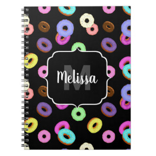 Cool fun colourful doughnuts pattern black Monogra Notebook