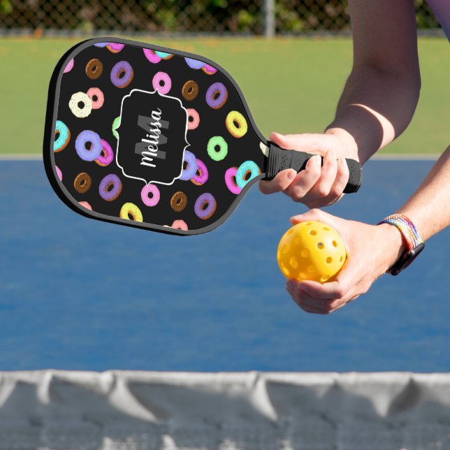 Cool fun colourful doughnuts pattern black Monogra Pickleball Paddle (Insitu)