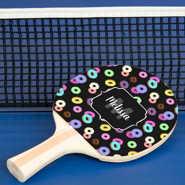Cool fun colourful doughnuts pattern black Monogra Ping Pong Paddle (Insitu)
