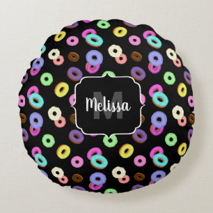 Cool fun colourful doughnuts pattern black Monogra Round Pillow