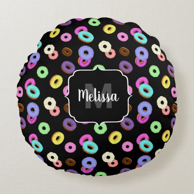 Cool fun colourful doughnuts pattern black Monogra Round Pillow (Front)
