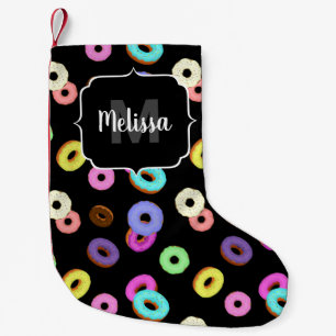 Cool fun colourful doughnuts pattern black Monogra Small Christmas Stocking