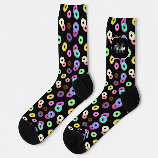 Cool fun colourful doughnuts pattern black Monogra Socks (Left)