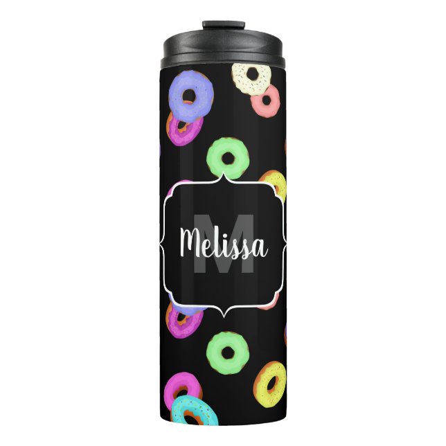 Cool fun colourful doughnuts pattern black Monogra Thermal Tumbler (Front)