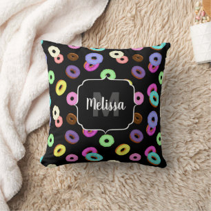 Cool fun colourful doughnuts pattern black Monogra Throw Pillow