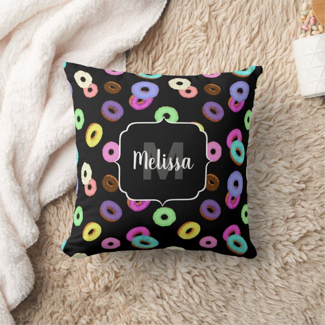 Cool fun colourful doughnuts pattern black Monogra Throw Pillow (Blanket)