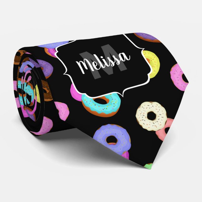Cool fun colourful doughnuts pattern black Monogra Tie (Rolled)