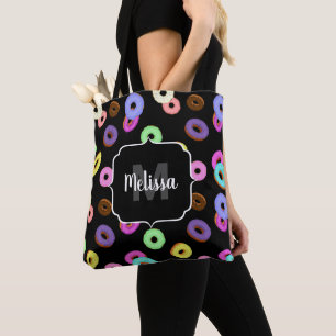 Cool fun colourful doughnuts pattern black Monogra Tote Bag