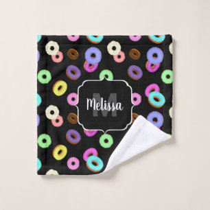 Cool fun colourful doughnuts pattern black Monogra Wash Cloth