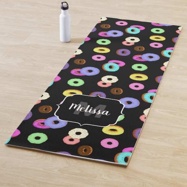 Cool fun colourful doughnuts pattern black Monogra Yoga Mat (In Situ)