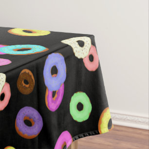 Cool fun colourful doughnuts pattern black tablecloth