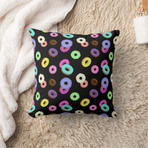 Cool fun colourful doughnuts pattern black throw pillow