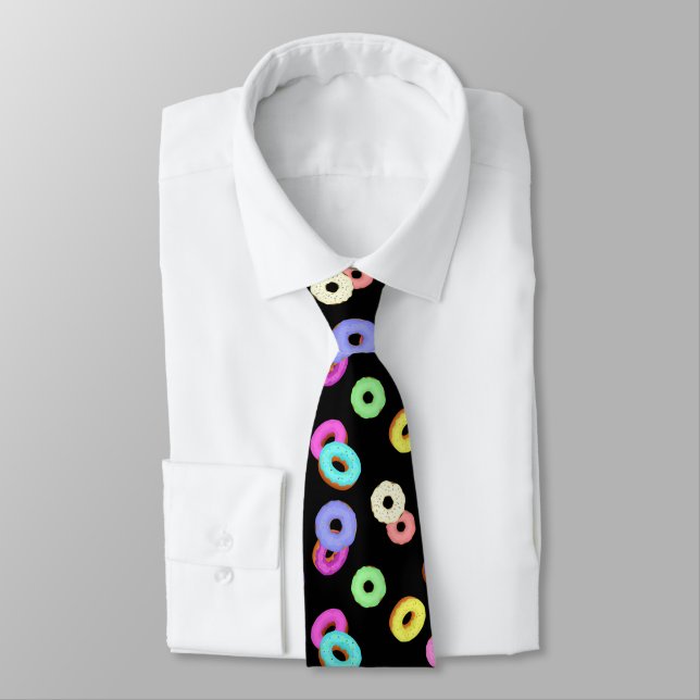 Cool fun colourful doughnuts pattern black tie (Tied)