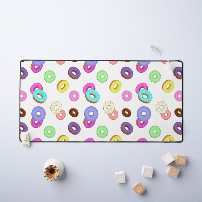 Cool fun colourful doughnuts pattern white desk mat (Kids Table)