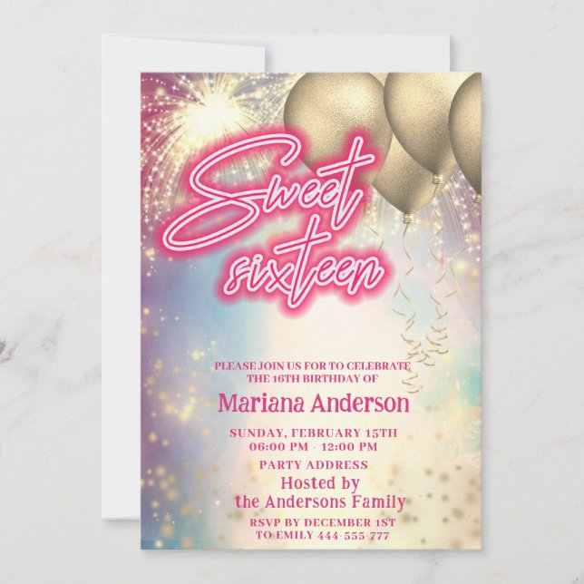 Cool fun colourful  gold balloon sparkle fireworks invitation (Front)