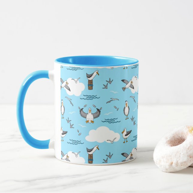 Cool Fun Flock of Seagulls Blue Sky and Clouds Mug (With Donut)