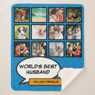 Cool Fun Husband Comic Photo Collage Blue Sherpa Blanket