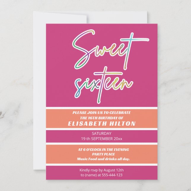 Cool fun neon typography stripes sweet 16 invitation (Front)