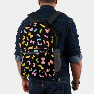 Cool fun pasta macaroni colorful pattern on black printed backpack