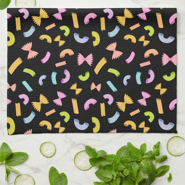 Cool fun pasta macaroni colourful pattern on Black Kitchen Towel (Folded)