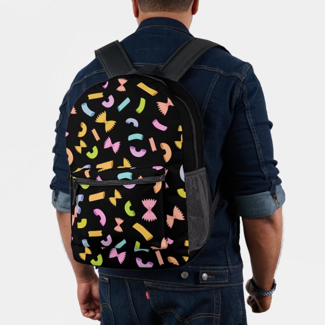 Cool fun pasta macaroni colourful pattern on black printed backpack (Insitu (Model))