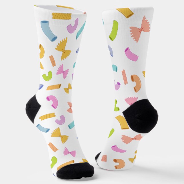 Cool fun pasta macaroni colourful pattern on white socks (Angled)