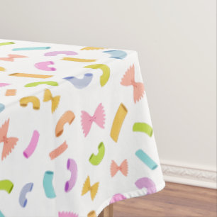 Cool fun pasta macaroni colourful pattern on white tablecloth