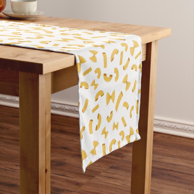 Cool fun pasta macaroni pattern on white short table runner (In Situ)