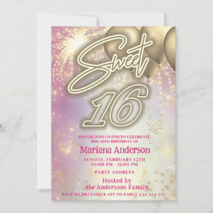 Cool fun pink gold balloon sparkle fireworks invitation
