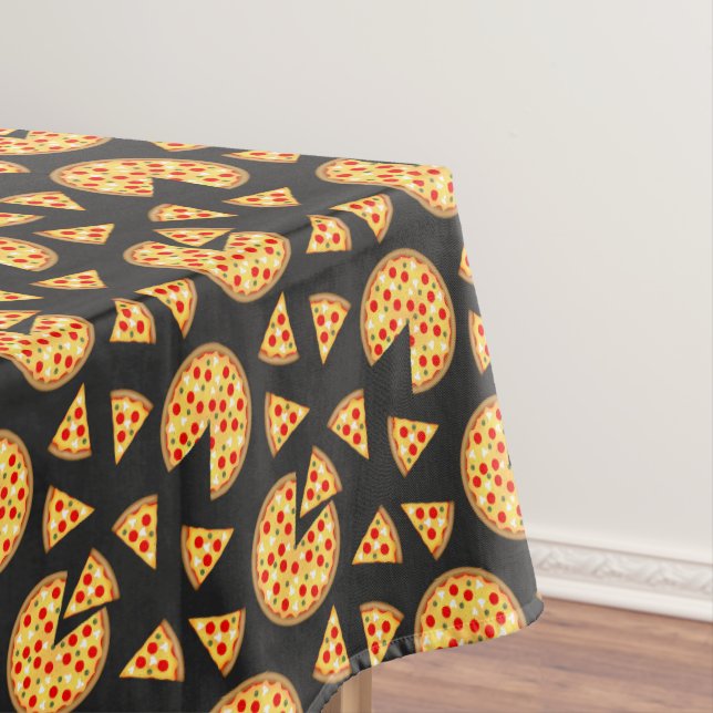 Cool fun pizza and slices pattern on dark grey tablecloth (In Situ)