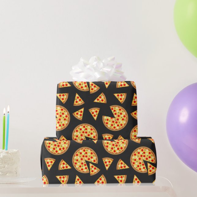 Cool fun pizza and slices pattern on dark grey wrapping paper (Party Gifts)
