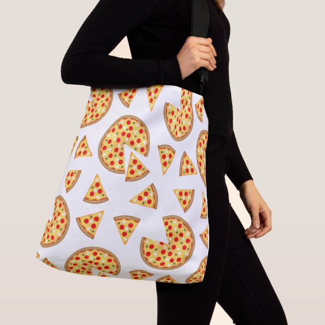 Cool fun pizza and slices pattern on white crossbody bag (Close Up)