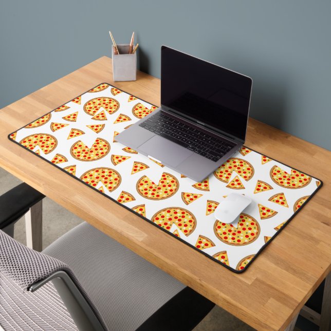 Cool fun pizza and slices pattern on white desk mat (Office 2)