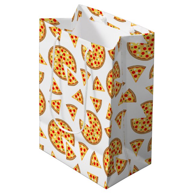 Cool fun pizza and slices pattern on white medium gift bag (Front Angled)