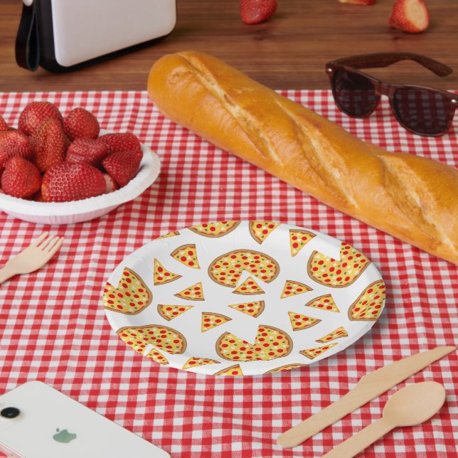 Cool fun pizza and slices pattern on white paper plate (Picnic)