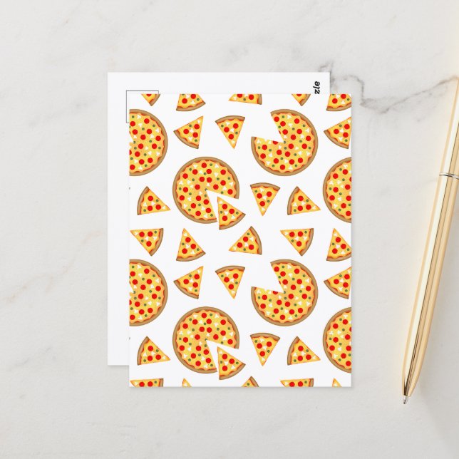 Cool fun pizza and slices pattern on white postcard (Front/Back In Situ)