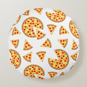Cool fun pizza and slices pattern on white round pillow