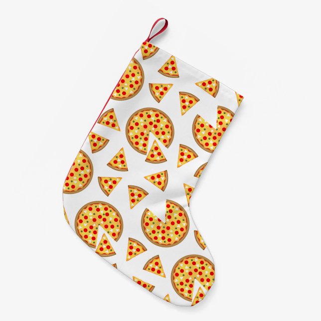 Cool fun pizza and slices pattern on white small christmas stocking (Front (Hanging))