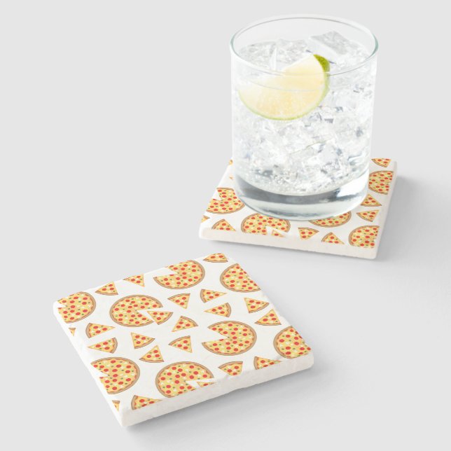 Cool fun pizza and slices pattern on white stone coaster (Side)